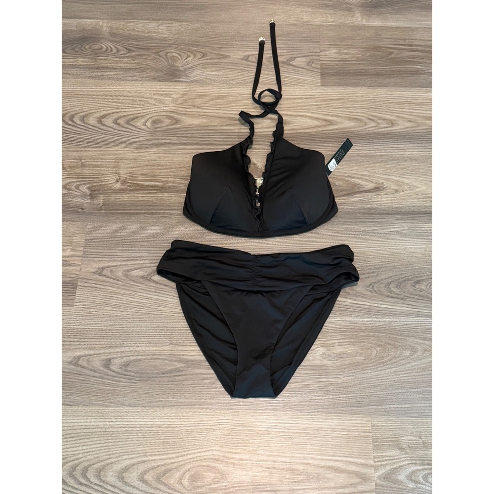 Victoria's Secret Black Ruffle Halter Bikini Set 34DDD Top & Swim Bottom Medium